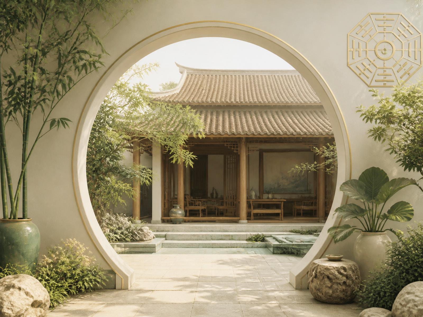 Sân trong ngôi nhà truyền thống Việt Nam nhìn qua nguyệt môn